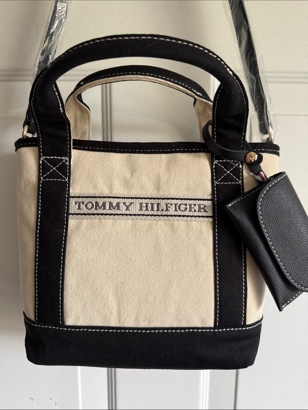 Tommy Hilfiger Cream and Black Canvas Messenger Bag